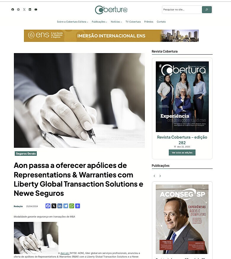 Aon passa a oferecer ap�lices de Representations & Warranties com Liberty Global Transaction Solutions e Newe Seguros